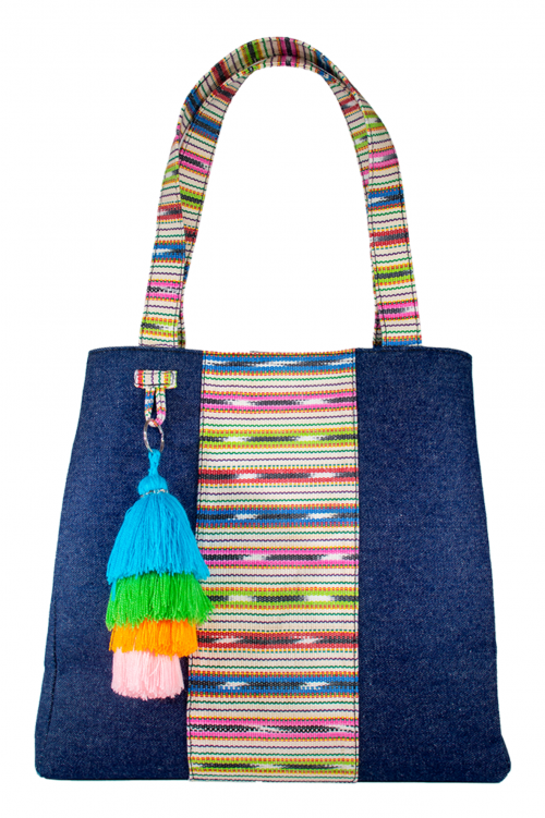 A beautiful denim and Guatemalan handwoven cotton textile shoulder bag