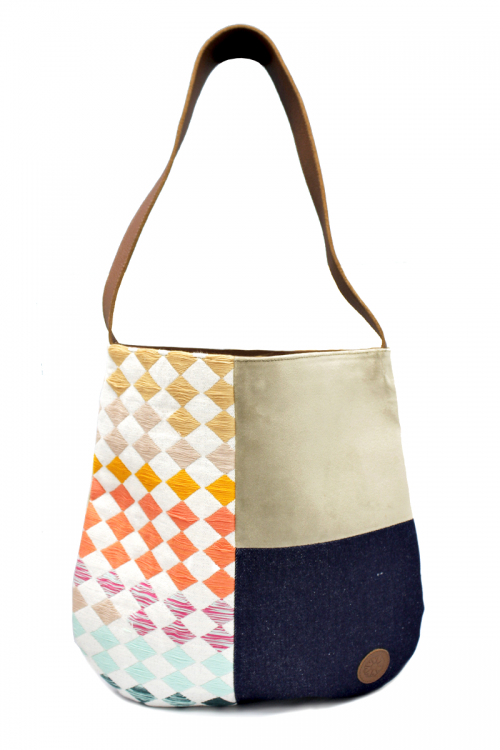 Velvet, Denim & Rainbow Textile Shoulder Bag "Berna"