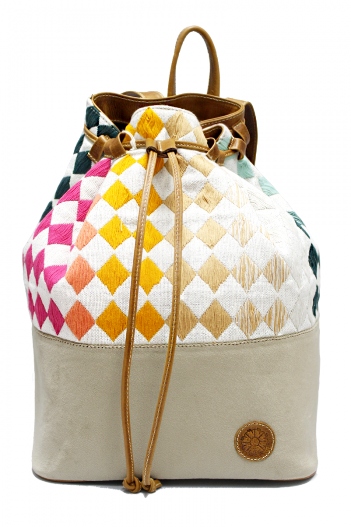 Beige Velvet, Tan Leather & Rainbow Textile "Rhombus Backpack"