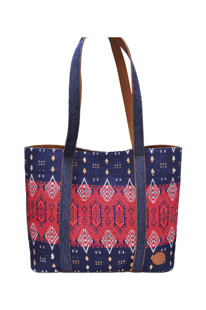 Denim, Leather, & Red Blue Textile Shoulder Bag "Macao"
