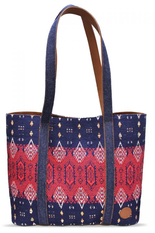 Denim, Leather, & Red Blue Textile Shoulder Bag “Macao”