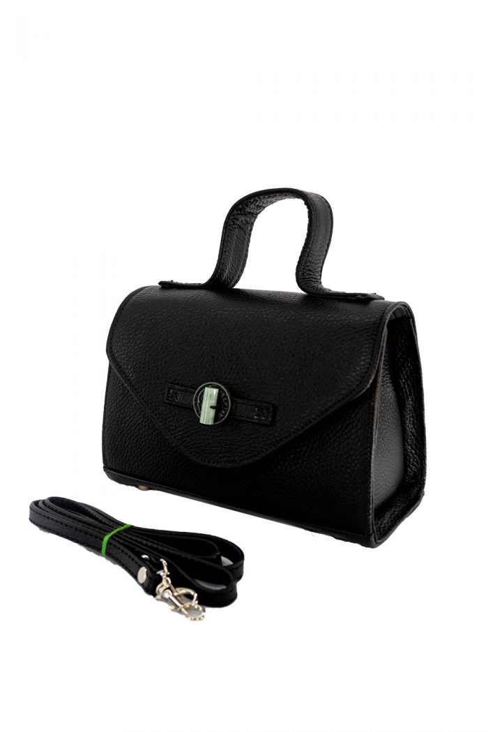 Black Leather Crossbody Mini Satchel Bag "Tessa"